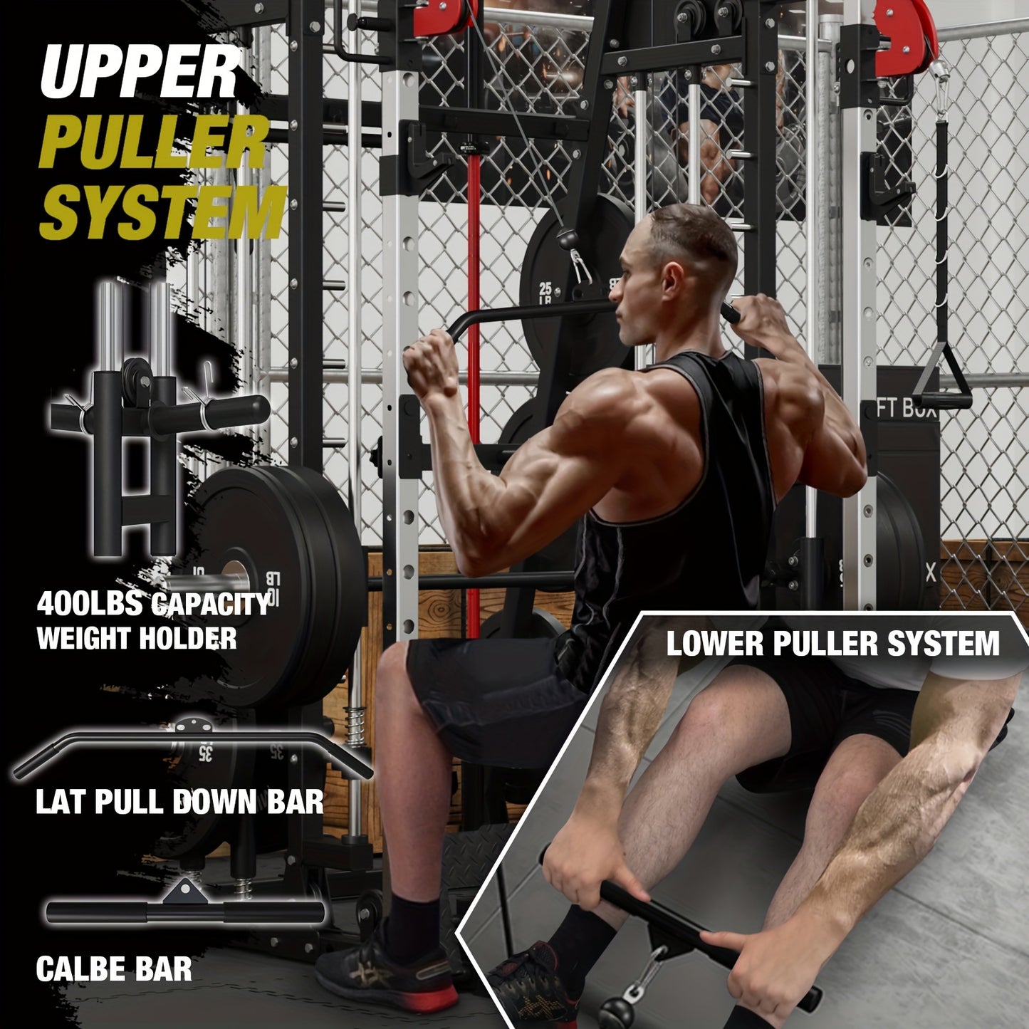 ALL-IN-ONE 2200lbs Smith Machine Home Gym, Squat Rack with LAT-Pull Down System & Cable Crossover Machine, Training Equipment with Weight Bar, 360° Landmine, Barbell Holders And Other Attachments, Total Body Strength Training Cage