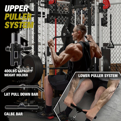 ALL-IN-ONE 2200lbs Smith Machine Home Gym, Squat Rack with LAT-Pull Down System & Cable Crossover Machine, Training Equipment with Weight Bar, 360° Landmine, Barbell Holders And Other Attachments, Total Body Strength Training Cage