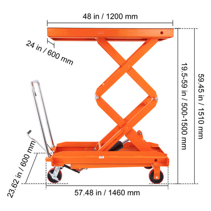 Hydraulic Lift Table Cart, 770/1760lbs Capacity 59" Lifting Height, Manual Double Scissor Lift Table with 4 Wheels and Non-slip Pad, Hydraulic Scissor Cart for Material Handling and Transportation