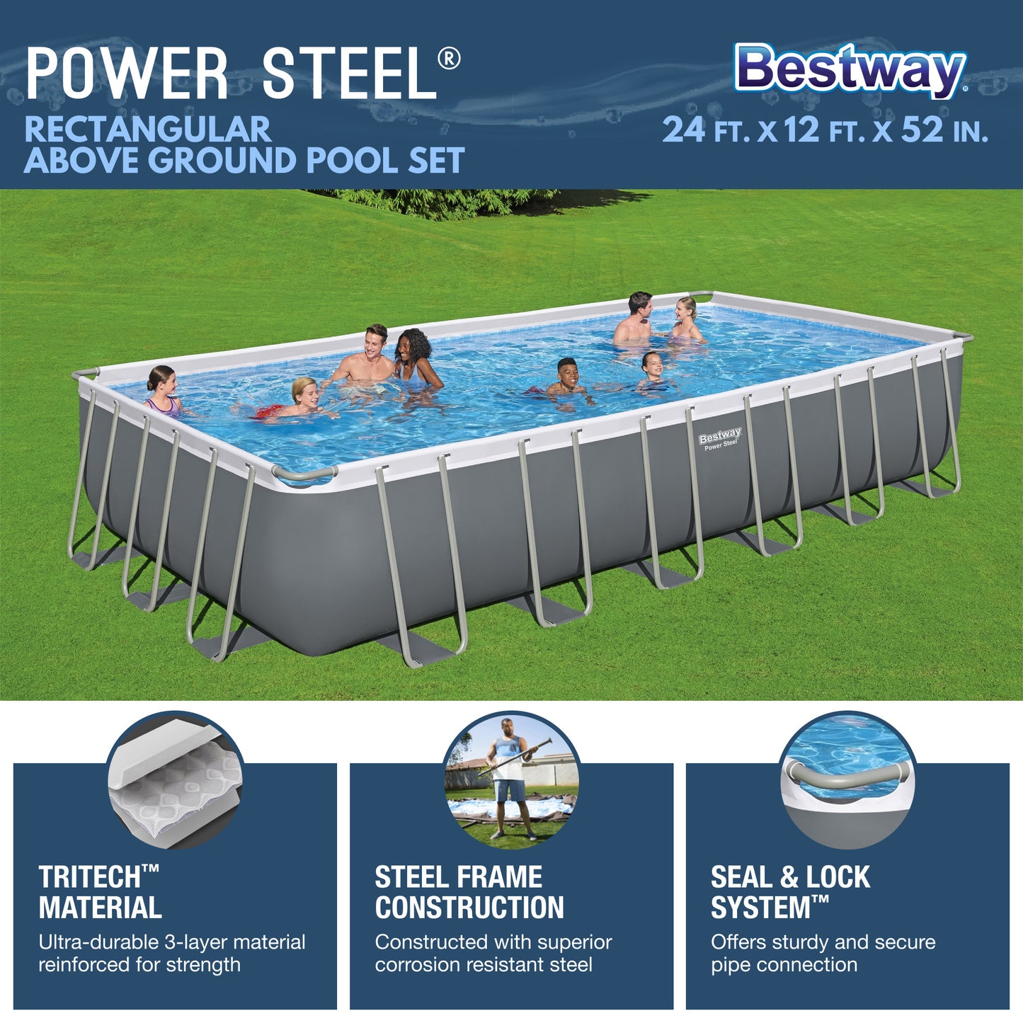Bestway Power Steel Rectangular Metal Frame Above Ground Swimming Pool Set with 1500 GPH Sand Filter Pump, Ladder, and Pool Cover