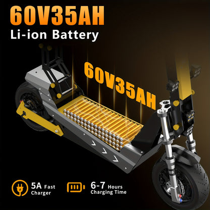 Tomofree Adult Electric Scooter, 60V35Ah 3-speed Range Of Approximately 75 Miles, 11 Inch Tires with Seats, Multiple Hydraulic Shock Absorbers with A Maximum Load Capacity Of 300 Pounds, Front Headlights, Foldable, LCD Display Screen