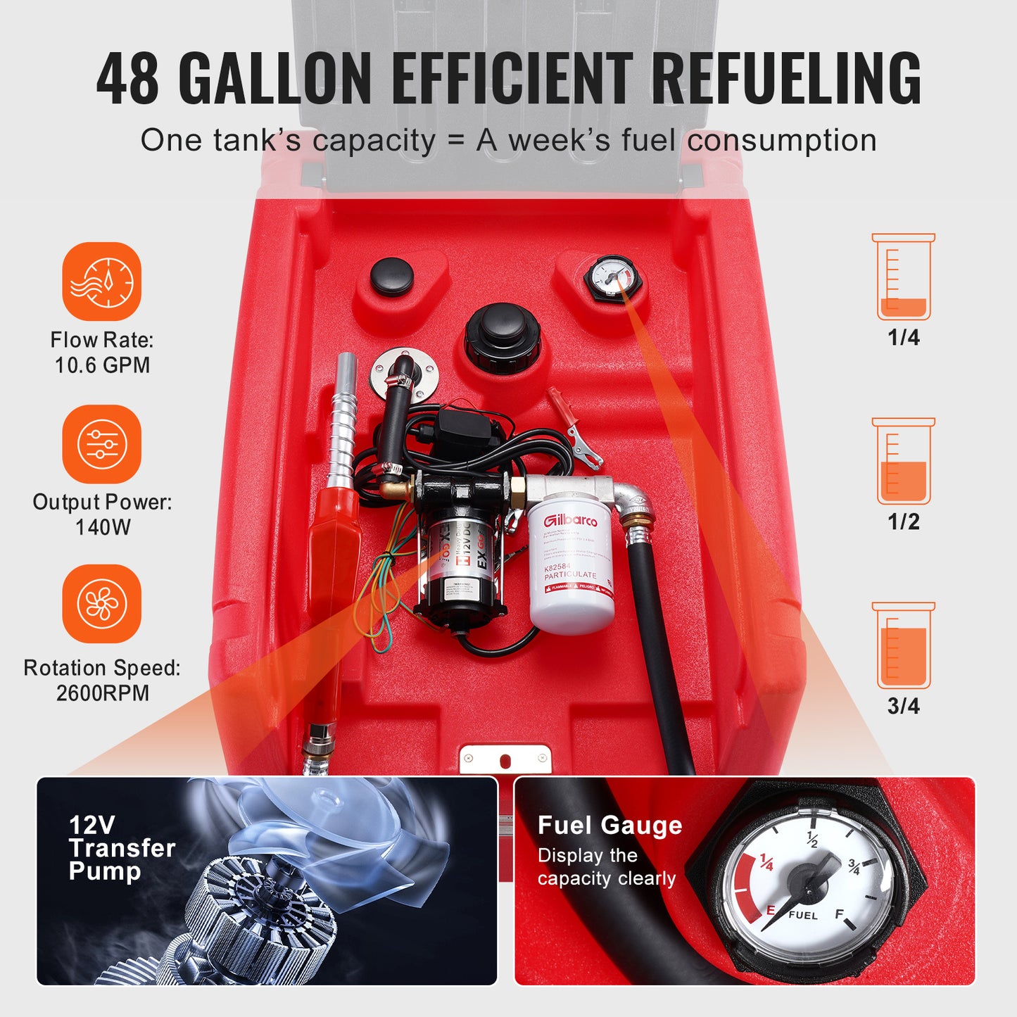 Portable Diesel Tank 48 Gal Fuel Tank with 12V Electric Transfer Pump Orange/Red