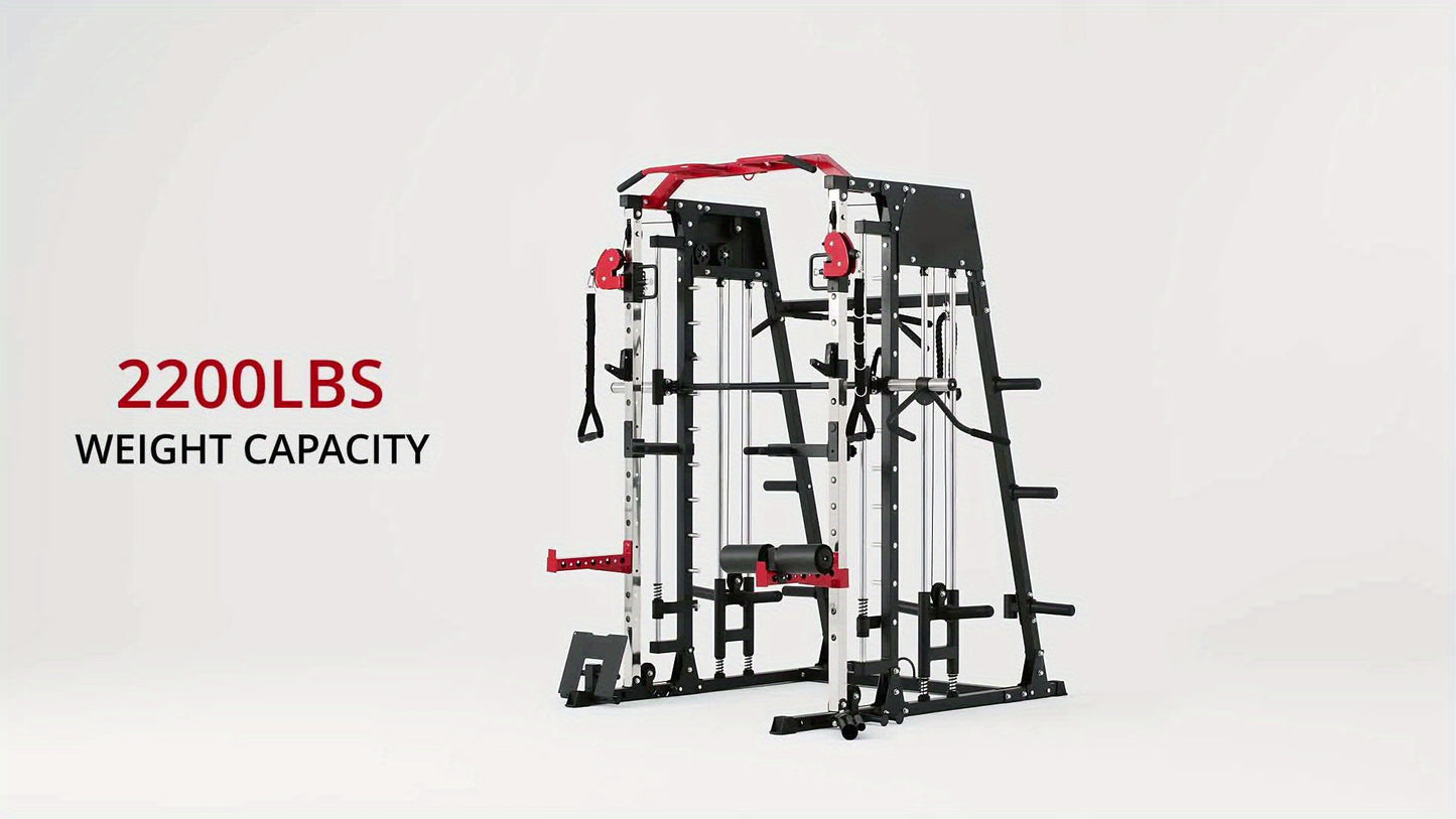 ALL-IN-ONE 2200lbs Smith Machine Home Gym, Squat Rack with LAT-Pull Down System & Cable Crossover Machine, Training Equipment with Weight Bar, 360° Landmine, Barbell Holders And Other Attachments, Total Body Strength Training Cage