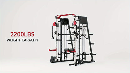 ALL-IN-ONE 2200lbs Smith Machine Home Gym, Squat Rack with LAT-Pull Down System & Cable Crossover Machine, Training Equipment with Weight Bar, 360° Landmine, Barbell Holders And Other Attachments, Total Body Strength Training Cage