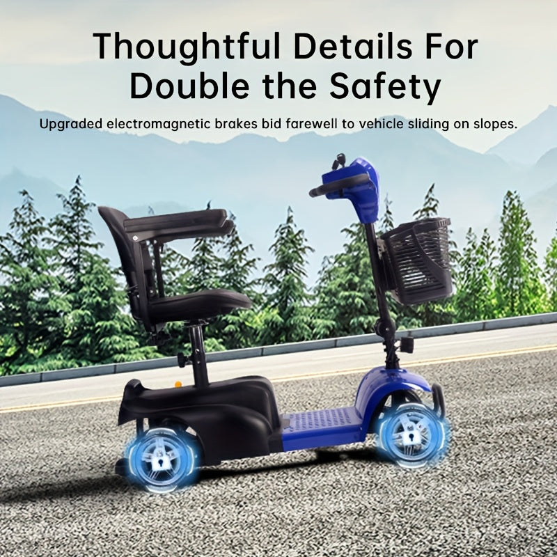 Mobility Aids for The, Four-wheel Foldable Mobility Scooters for Adults, 250w 12V, 12ah 15 Mile Long Range, with LED Headlights And A Detachable Storage Basket. Comes with A Tool Kit, Charger, And Instruction Manual.Holiday Surprise Gift