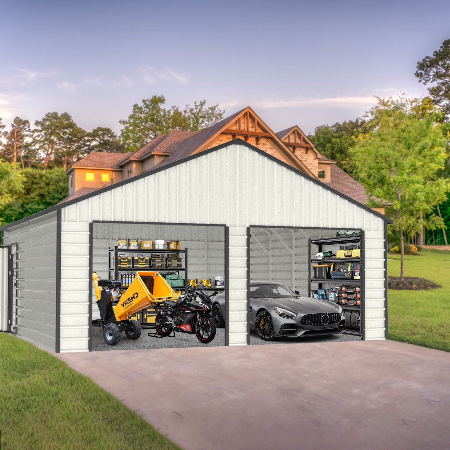 Chery Industrial 23'x22' & 10'x20' & 13'x20' Metal Garage Sheds with Side Door, Double Doors Galvanized Steel Storage Buildings