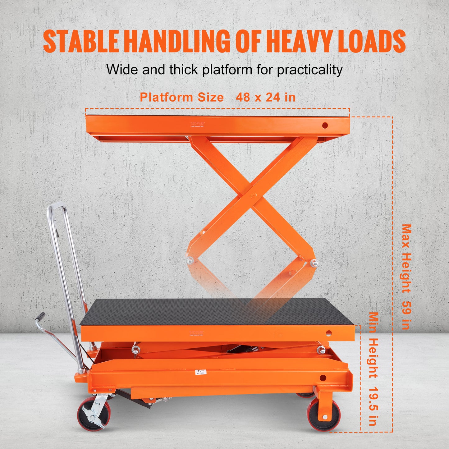 Hydraulic Lift Table Cart, 770/1760lbs Capacity 59" Lifting Height, Manual Double Scissor Lift Table with 4 Wheels and Non-slip Pad, Hydraulic Scissor Cart for Material Handling and Transportation