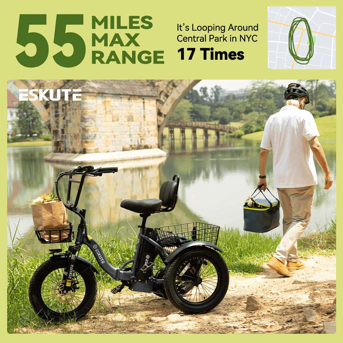 (June Member Day Priority Shopping)ESKUTE E Three-wheeled Electric Bicycle, Folding Electric Tricycle, 18X3.0 Wide Tires, Long-range 624Wh Battery