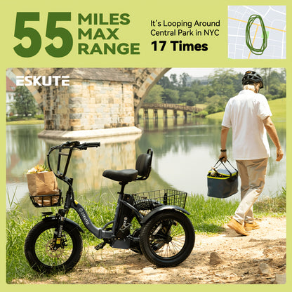(June Member Day Priority Shopping)ESKUTE E Three-wheeled Electric Bicycle, Folding Electric Tricycle, 18X3.0 Wide Tires, Long-range 624Wh Battery