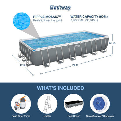 Bestway Power Steel Rectangular Metal Frame Above Ground Swimming Pool Set with 1500 GPH Sand Filter Pump, Ladder, and Pool Cover