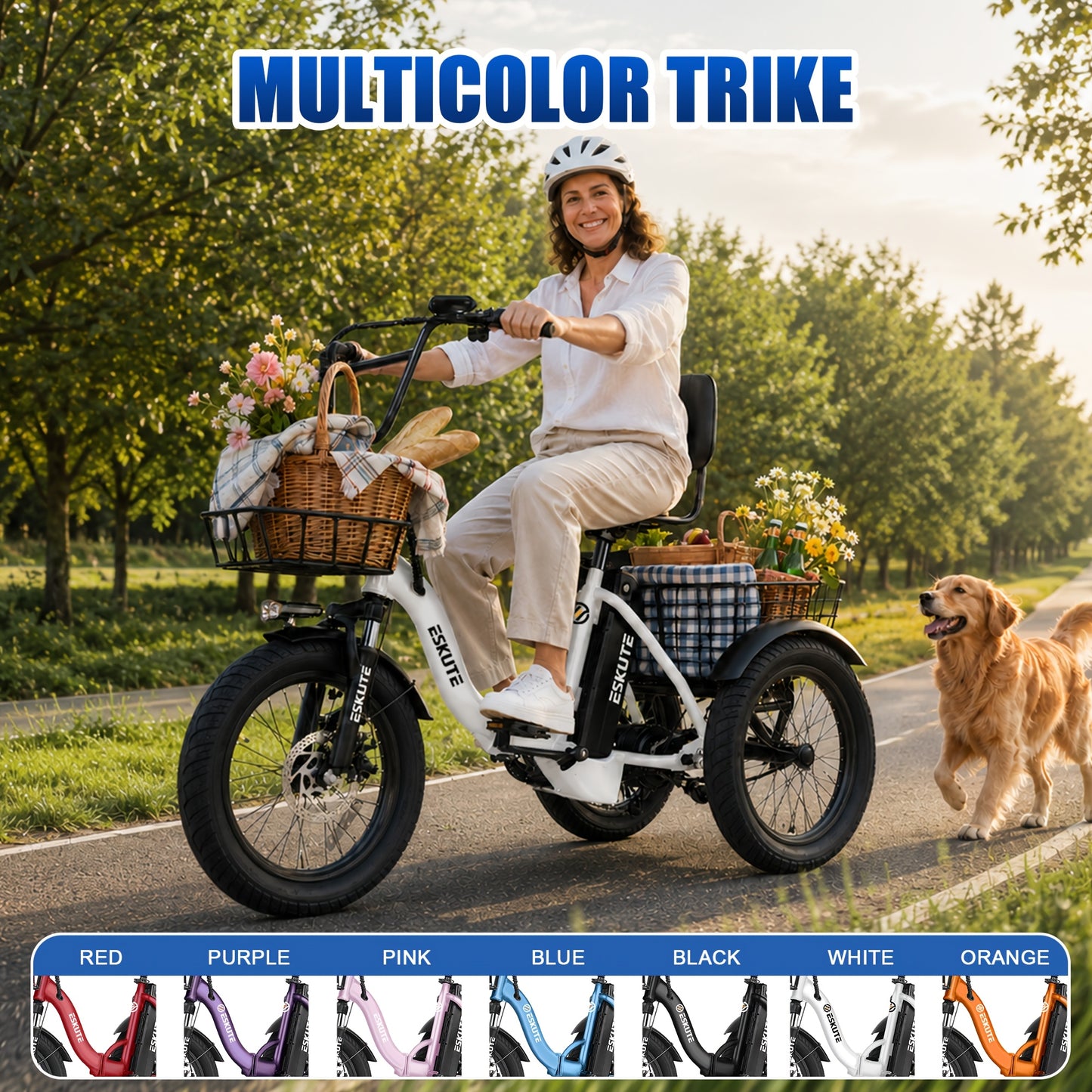 (June Member Day Priority Shopping)ESKUTE E Three-wheeled Electric Bicycle, Folding Electric Tricycle, 18X3.0 Wide Tires, Long-range 624Wh Battery