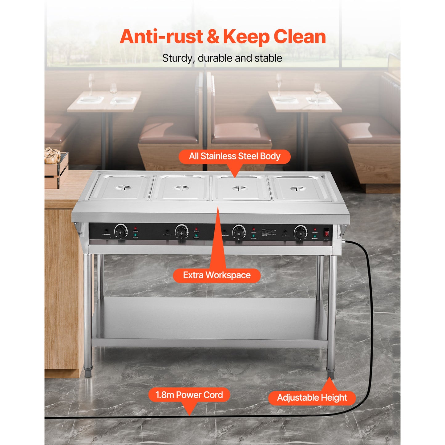 3-Pan/4-Pan/5-Pan Commercial Food Warmer Steam Table with Independent Temperature Control, 110V/220V