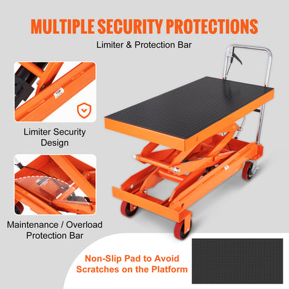 Hydraulic Lift Table Cart, 770/1760lbs Capacity 59" Lifting Height, Manual Double Scissor Lift Table with 4 Wheels and Non-slip Pad, Hydraulic Scissor Cart for Material Handling and Transportation