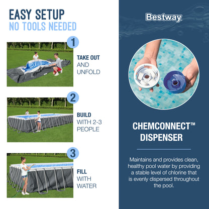 Bestway Power Steel Rectangular Metal Frame Above Ground Swimming Pool Set with 1500 GPH Sand Filter Pump, Ladder, and Pool Cover
