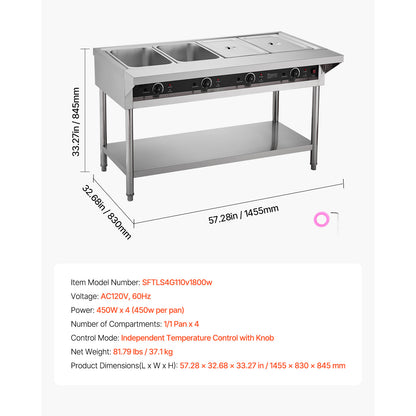 3-Pan/4-Pan/5-Pan Commercial Food Warmer Steam Table with Independent Temperature Control, 110V/220V