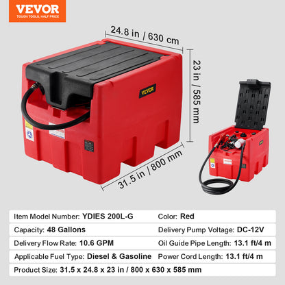 Portable Diesel Tank 48 Gal Fuel Tank with 12V Electric Transfer Pump Orange/Red