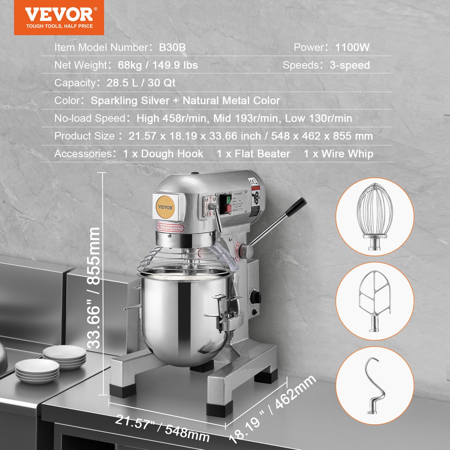 Commercial Food Mixer 10L / 18.7L / 28.5L 3-Speed Stand Dough Mixer 550W / 1100W for Restaurant