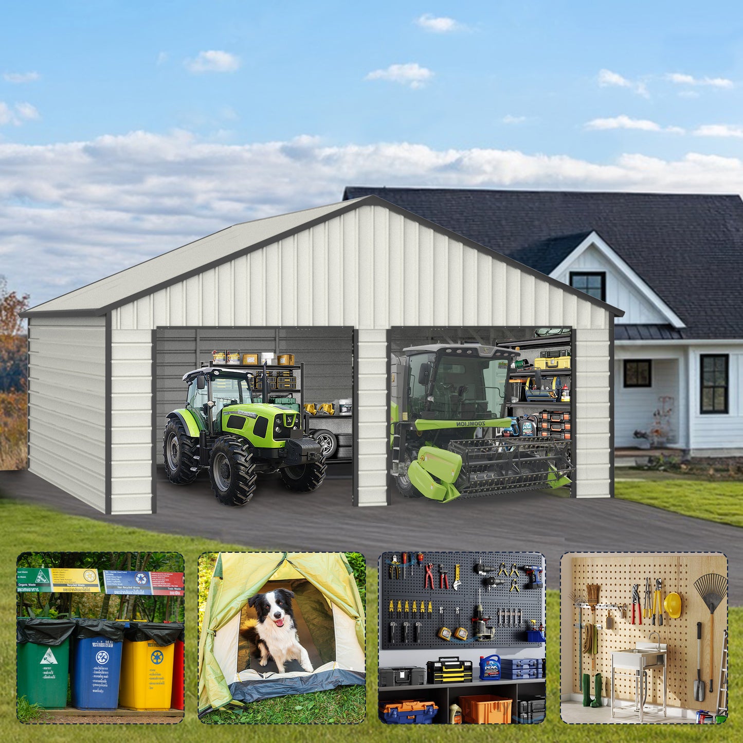 Chery Industrial 23'x22' & 10'x20' & 13'x20' Metal Garage Sheds with Side Door, Double Doors Galvanized Steel Storage Buildings