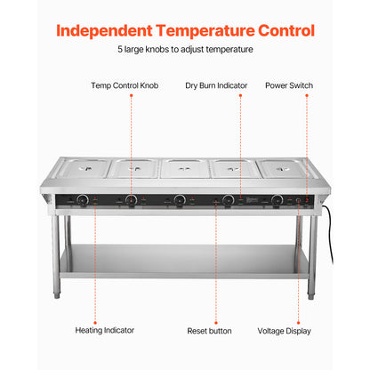 3-Pan/4-Pan/5-Pan Commercial Food Warmer Steam Table with Independent Temperature Control, 110V/220V