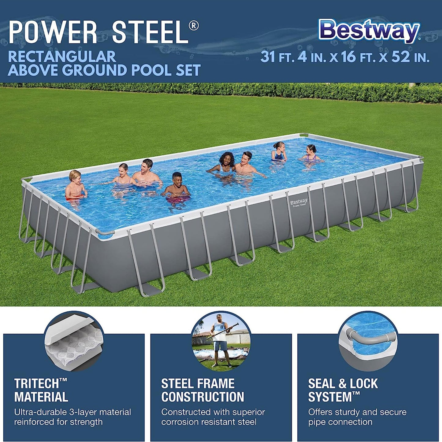 Bestway Power Steel Rectangular Metal Frame Above Ground Swimming Pool Set with 1500 GPH Sand Filter Pump, Ladder, and Pool Cover
