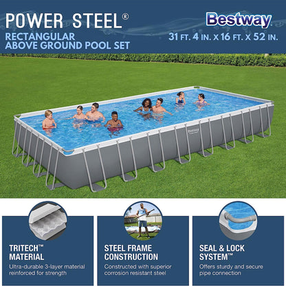 Bestway Power Steel Rectangular Metal Frame Above Ground Swimming Pool Set with 1500 GPH Sand Filter Pump, Ladder, and Pool Cover