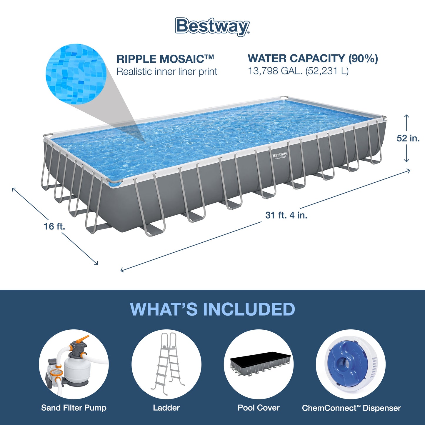 Bestway Power Steel Rectangular Metal Frame Above Ground Swimming Pool Set with 1500 GPH Sand Filter Pump, Ladder, and Pool Cover