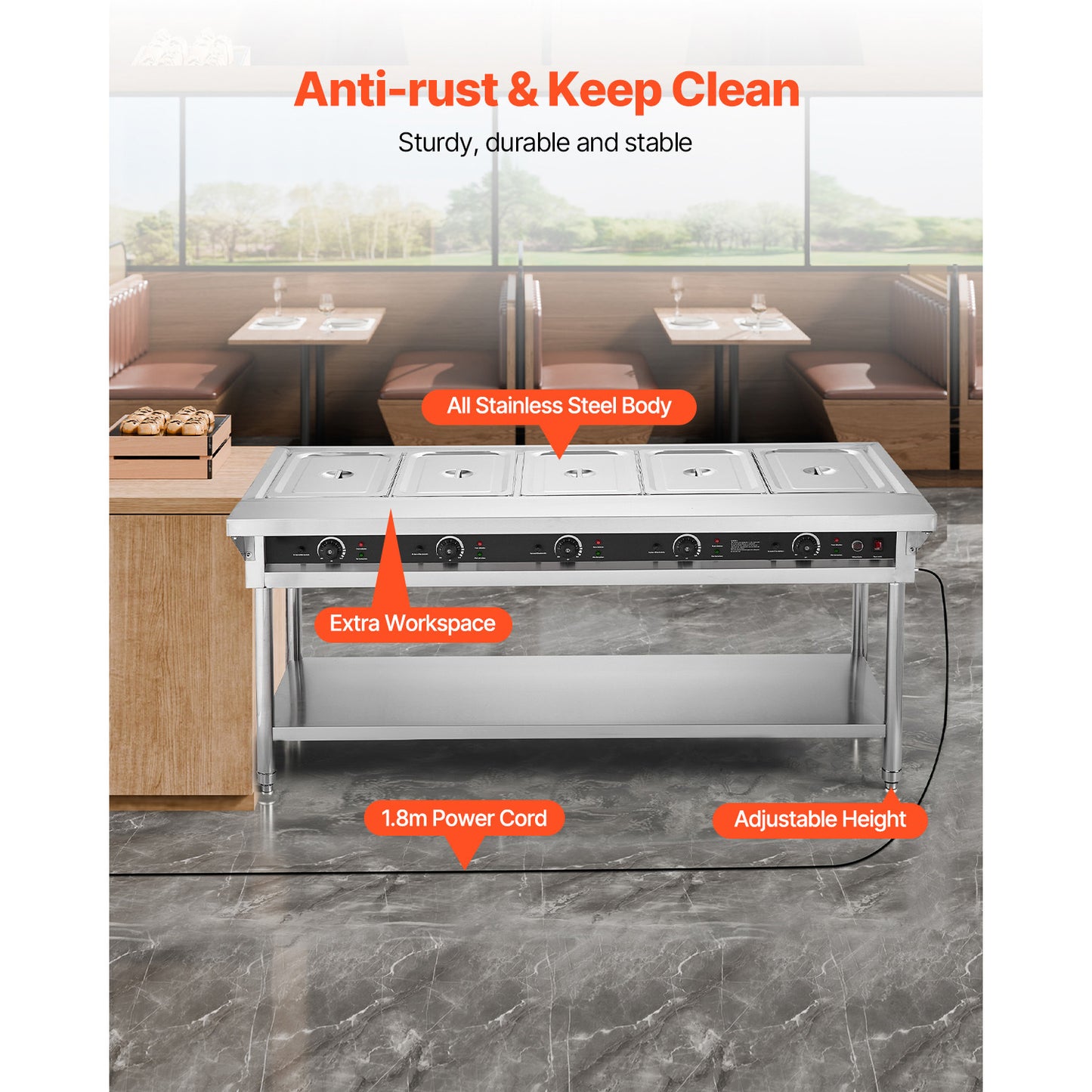 3-Pan/4-Pan/5-Pan Commercial Food Warmer Steam Table with Independent Temperature Control, 110V/220V