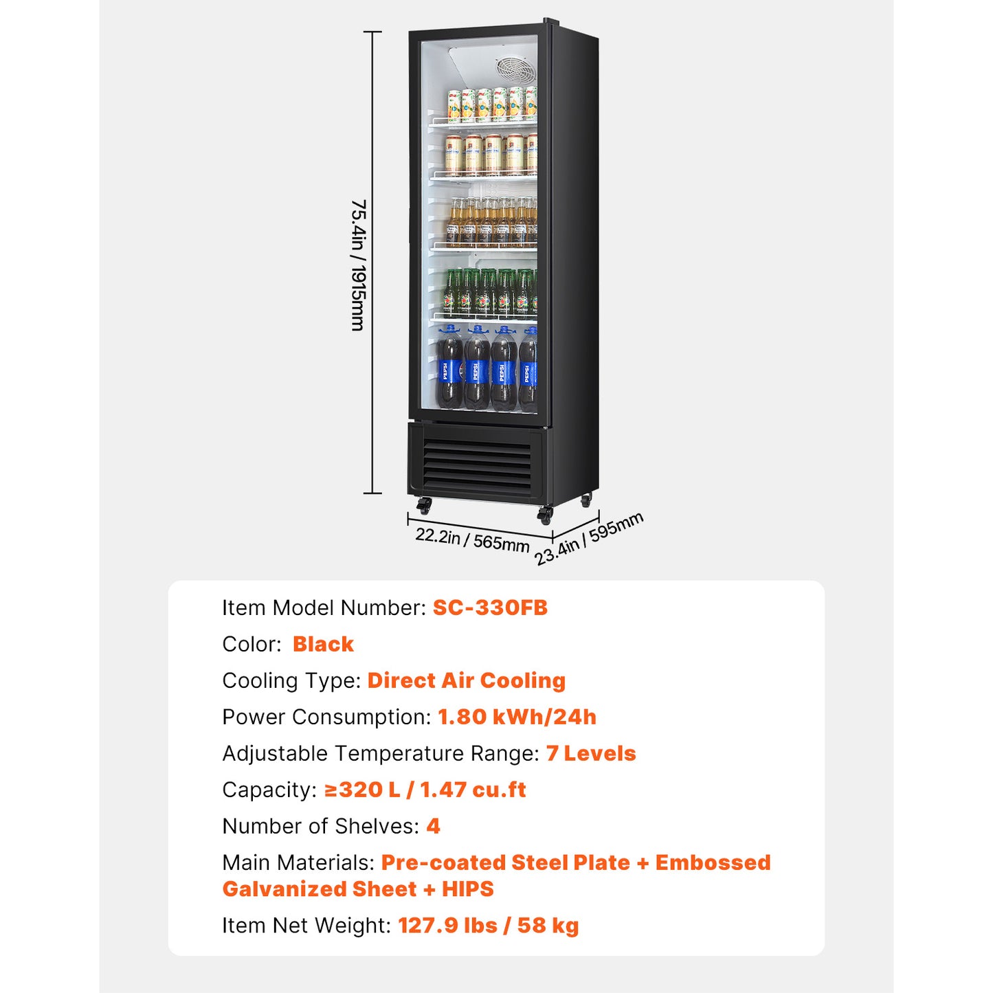 Commercial Merchandiser Refrigerator 5.7/8.1/11.47 CU.FT Glass Door Beverage Fridge