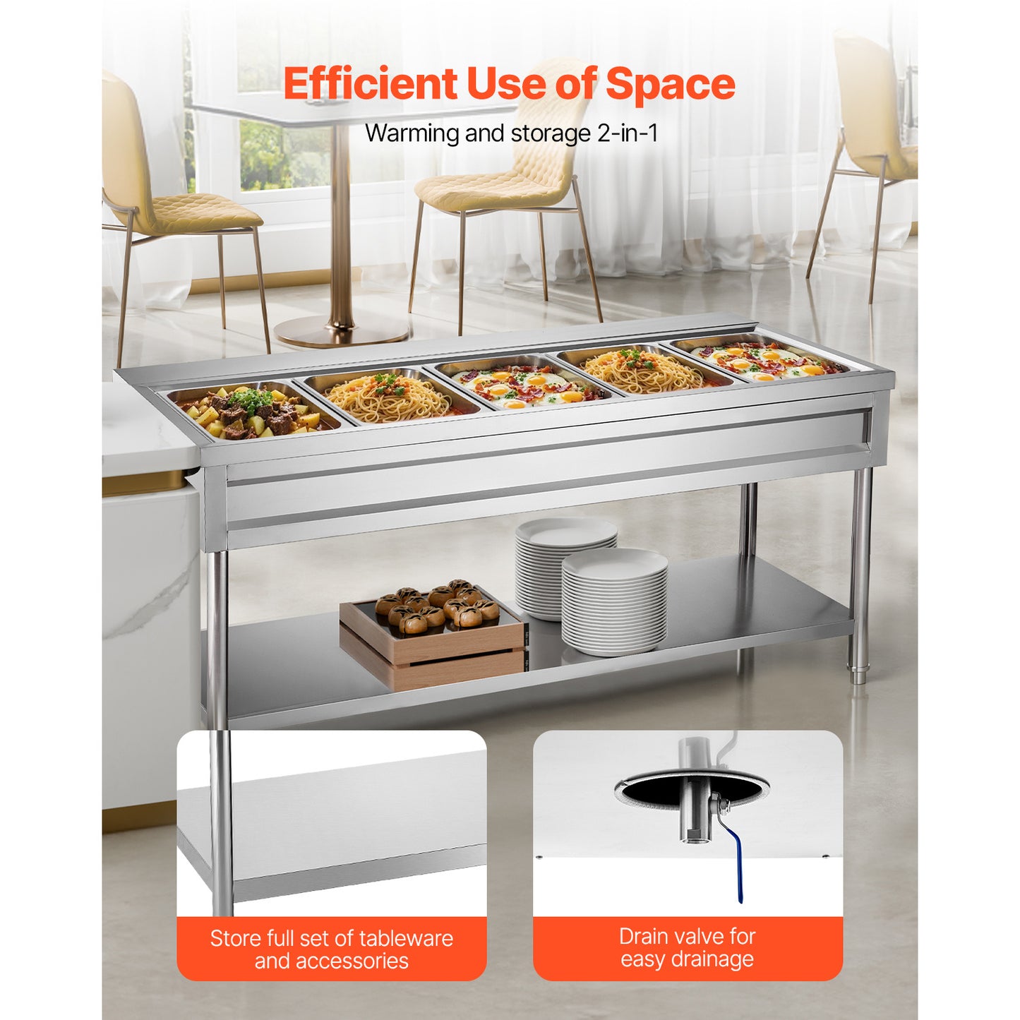 3-Pan/4-Pan/5-Pan Commercial Food Warmer Steam Table with Independent Temperature Control, 110V/220V