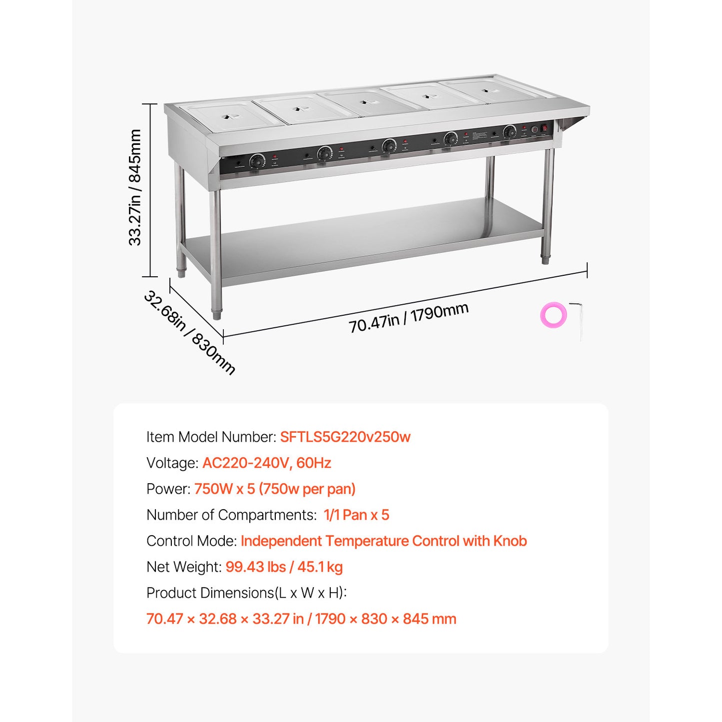 3-Pan/4-Pan/5-Pan Commercial Food Warmer Steam Table with Independent Temperature Control, 110V/220V