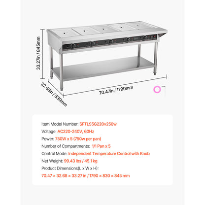 3-Pan/4-Pan/5-Pan Commercial Food Warmer Steam Table with Independent Temperature Control, 110V/220V