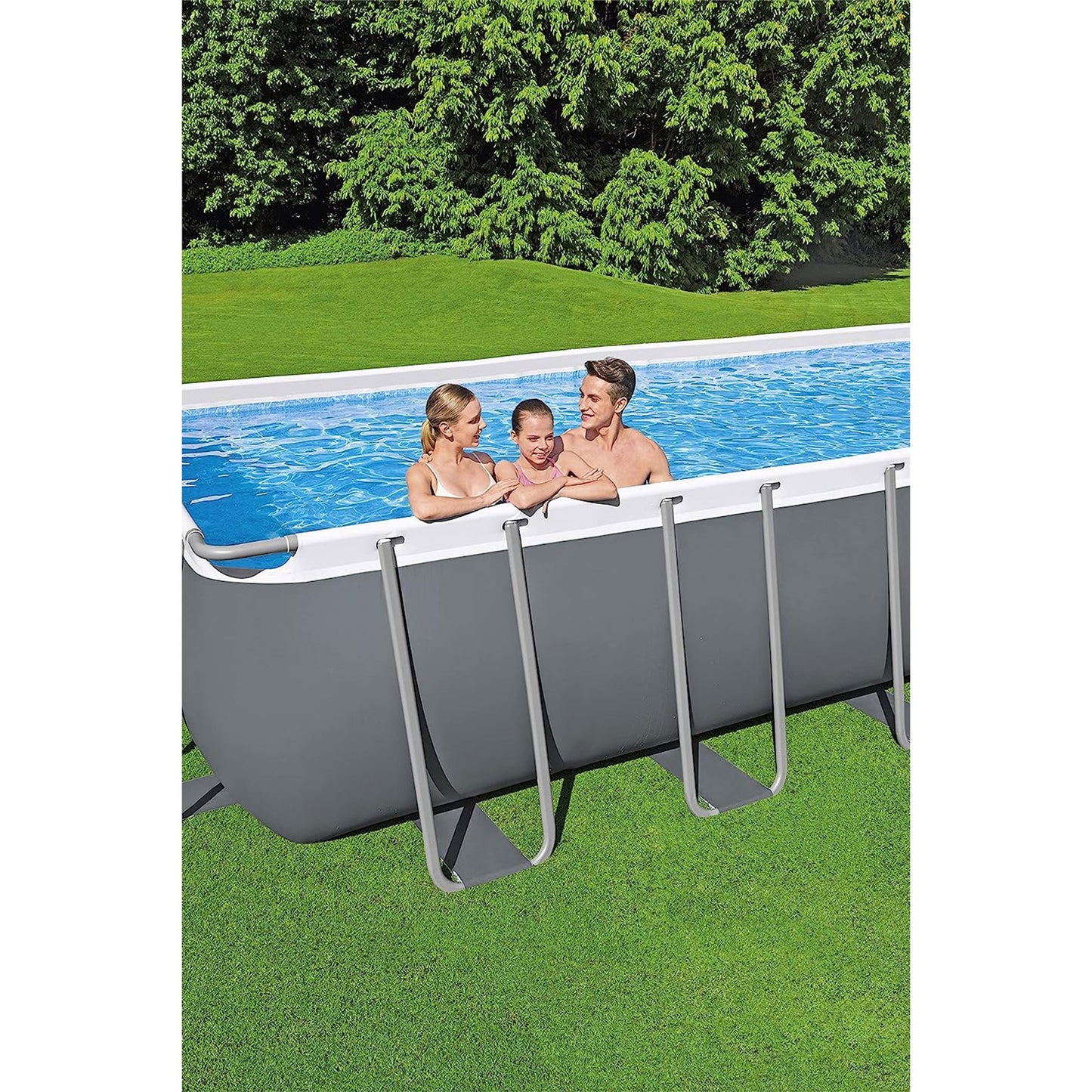 Bestway Power Steel Rectangular Metal Frame Above Ground Swimming Pool Set with 1500 GPH Sand Filter Pump, Ladder, and Pool Cover