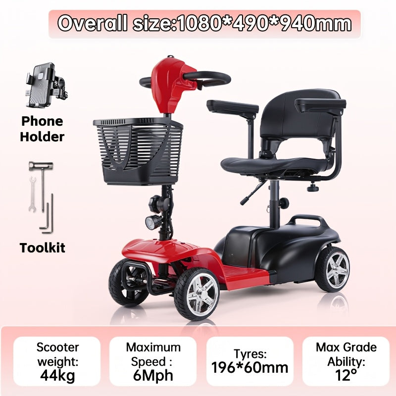 Mobility Aids for The, Four-wheel Foldable Mobility Scooters for Adults, 250w 12V, 12ah 15 Mile Long Range, with LED Headlights And A Detachable Storage Basket. Comes with A Tool Kit, Charger, And Instruction Manual.Holiday Surprise Gift