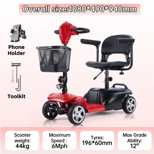 Mobility Aids for The, Four-wheel Foldable Mobility Scooters for Adults, 250w 12V, 12ah 15 Mile Long Range, with LED Headlights And A Detachable Storage Basket. Comes with A Tool Kit, Charger, And Instruction Manual.Holiday Surprise Gift
