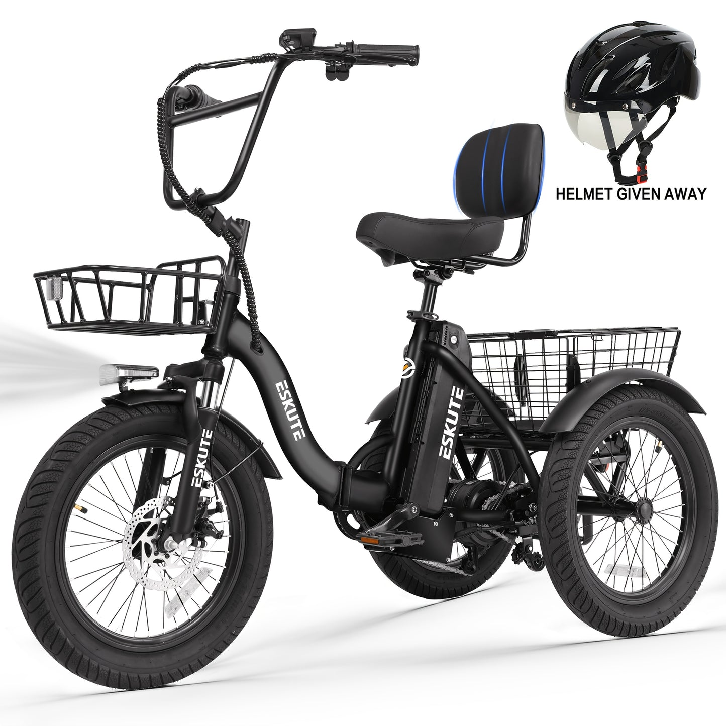 ESKUTE Tricycle for Adults, Folding Trike 18X3.0 Tire Ebike, 624Wh(48V 13AH) Removable Battery, Step-Thru 3 Wheel Electric Bicycle, Up to 55 Miles, Unisex