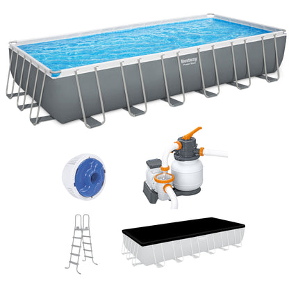 Bestway Power Steel Rectangular Metal Frame Above Ground Swimming Pool Set with 1500 GPH Sand Filter Pump, Ladder, and Pool Cover