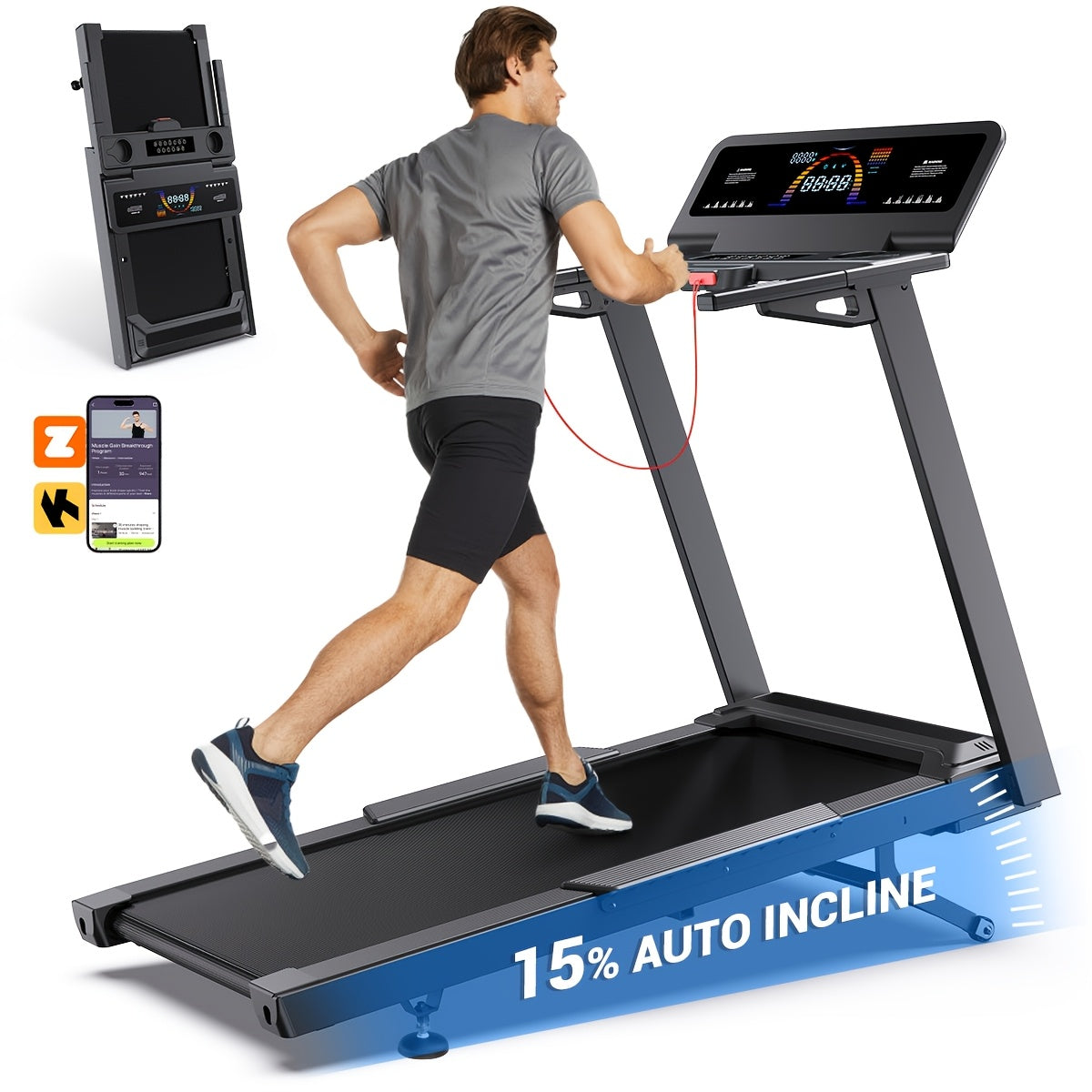 Treadmill With 15% Auto Incline - 500 Lb Capacity, 4.5 HP Folding Electric Treadmill Up To 10.0 MPH Speed, 15 Level Adjustable, Brushless Motor Quiet Running, Holder For Cup & Phone