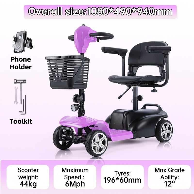 Mobility Aids for The, Four-wheel Foldable Mobility Scooters for Adults, 250w 12V, 12ah 15 Mile Long Range, with LED Headlights And A Detachable Storage Basket. Comes with A Tool Kit, Charger, And Instruction Manual.Holiday Surprise Gift
