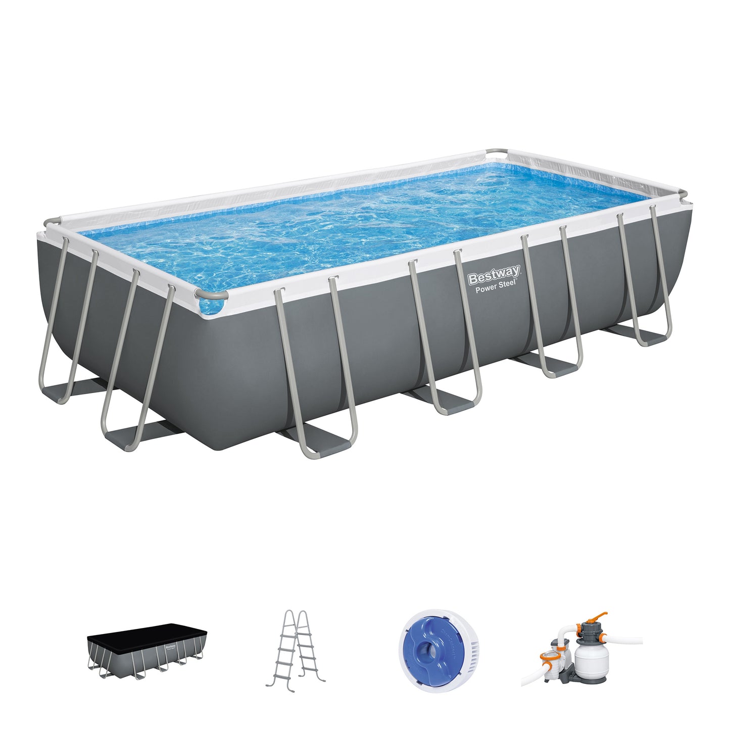 Bestway Power Steel Rectangular Metal Frame Above Ground Swimming Pool Set with 1500 GPH Sand Filter Pump, Ladder, and Pool Cover