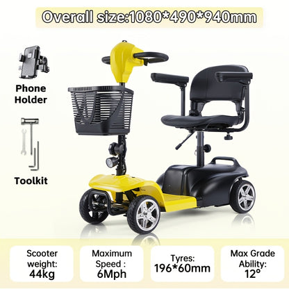 Mobility Aids for The, Four-wheel Foldable Mobility Scooters for Adults, 250w 12V, 12ah 15 Mile Long Range, with LED Headlights And A Detachable Storage Basket. Comes with A Tool Kit, Charger, And Instruction Manual.Holiday Surprise Gift