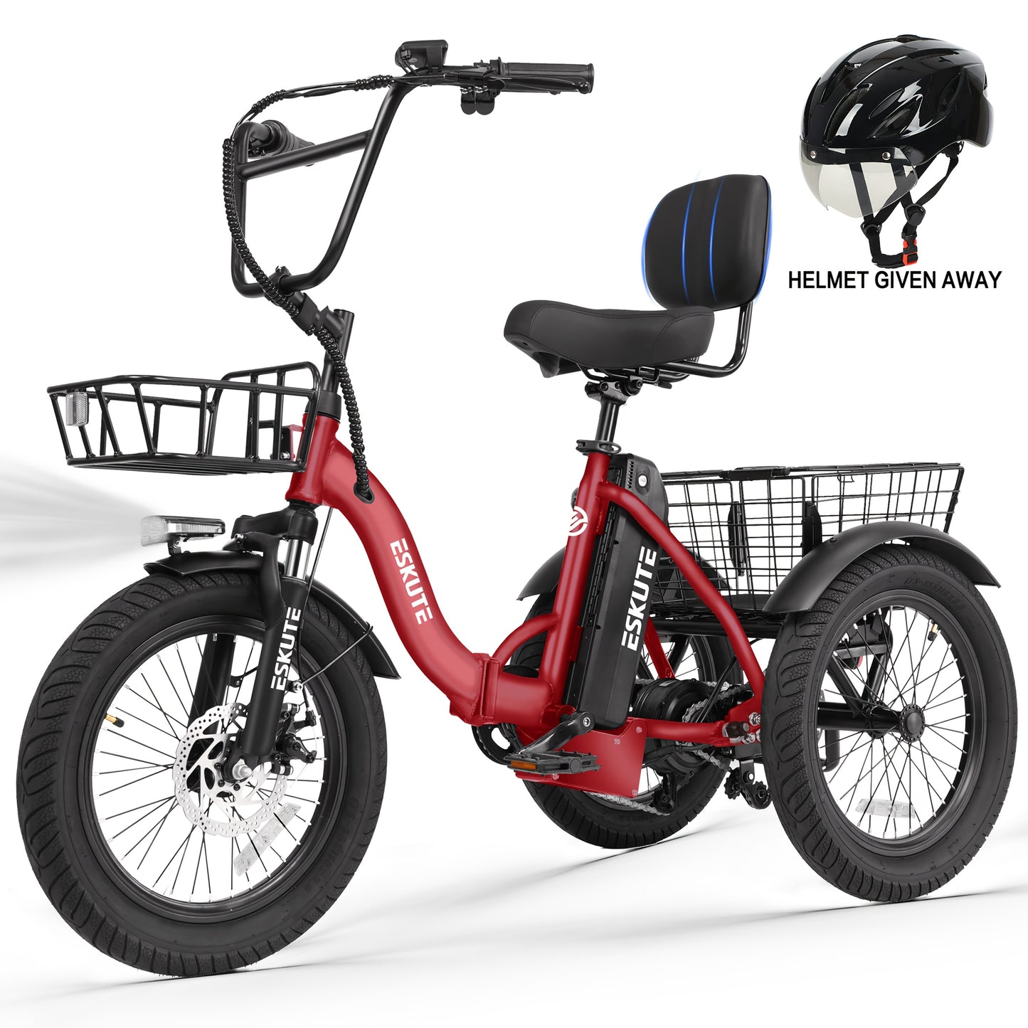 ESKUTE Tricycle for Adults, Folding Trike 18X3.0 Tire Ebike, 624Wh(48V 13AH) Removable Battery, Step-Thru 3 Wheel Electric Bicycle, Up to 55 Miles, Unisex