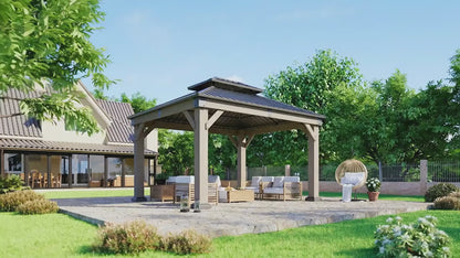 10' X 10' / 12' X 10' Outdoor Wooden Gazebo with Steel Double Roof, Cedar Pavilion for Patio, Garden And Backyard Use