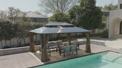 12'X20' Hardtop Gazebo, Aluminum Frame Permanent Pavilion with Curtains And Netting, Outdoor Polycarbonate Double Roof Canopy, for Patio, Lawns, Garden