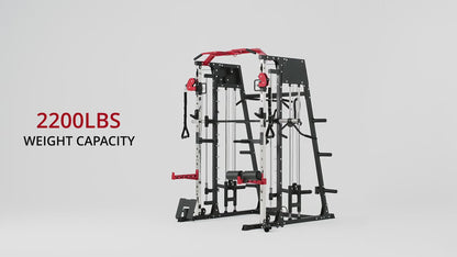 ALL-IN-ONE 2200lbs Smith Machine Home Gym, Squat Rack with LAT-Pull Down System & Cable Crossover Machine, Training Equipment with Weight Bar, 360° Landmine, Barbell Holders And Other Attachments, Total Body Strength Training Cage