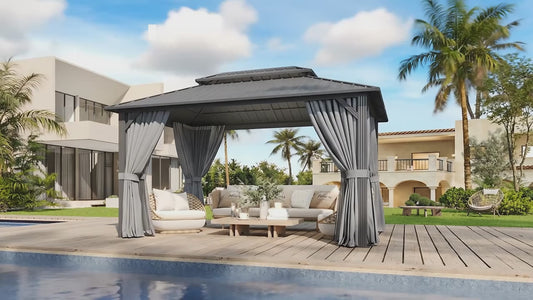 12' X 20' Outdoor Hardtop Gazebo, Aluminum Frame with Double Steel Roof, Privacy Curtain And Netting for Poolside, Backyard